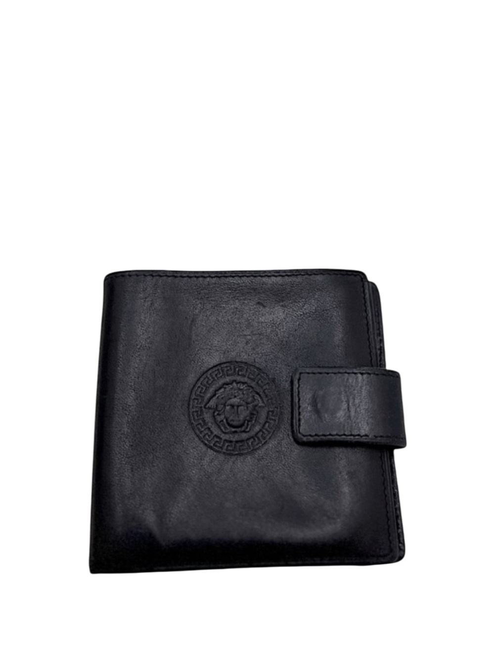 GIANNI VERSACE - BLACK LEATHER COMPACT BIFOLD SNAP WALLET